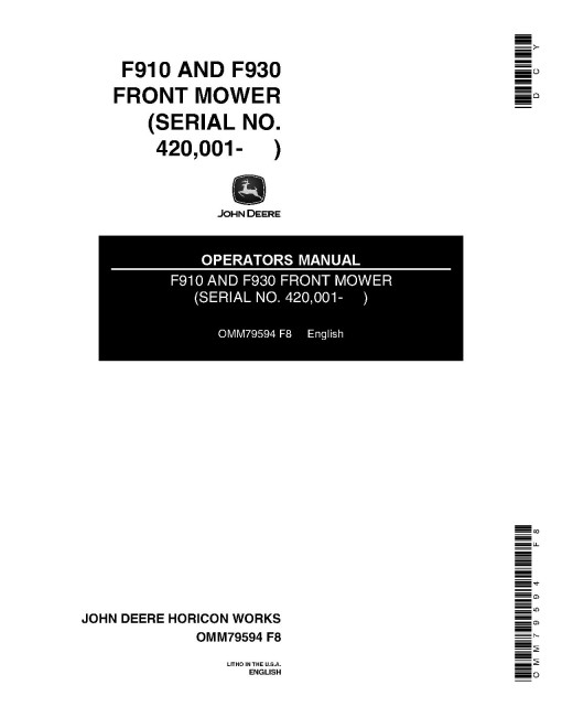 John Deere F910 and F930 Front Mowers (SN: 475001 - 750000) (North America) Operators Manual (OMM79594)