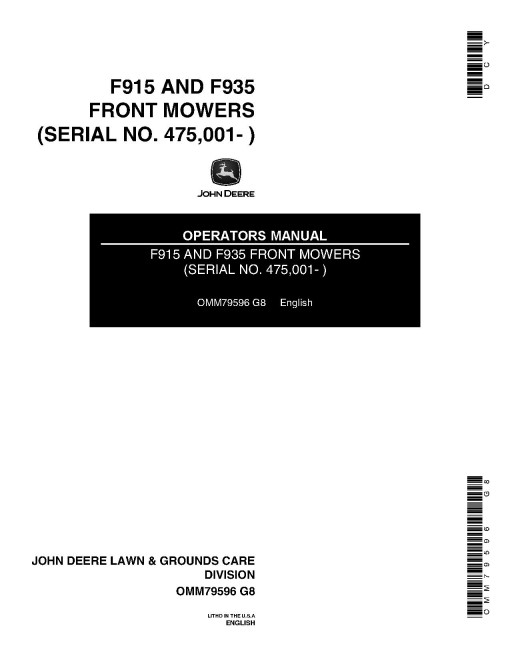 John Deere F915 and F935 Front Mowers (SN: 475001 - 750000) (North America) Operators Manual (OMM79596)