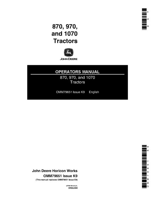 John Deere 870, 970 and 1070 Compact Utility Tractors (SN: 001001-100000, North America) Operators Manual (OMM79651)