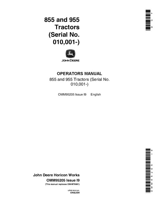 John Deere 855 and 955 Compact Utility Tractors (SN: 010001 - 100000, Europe) Operators Manual (OMM95205)