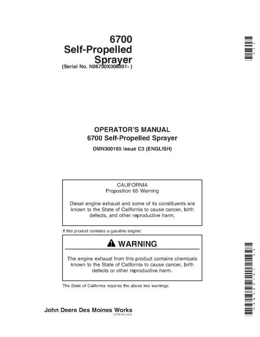 John Deere 6700 Self-Propelled Sprayers (SN: 008001 - 010000) (North America) Operators Manual (OMN300165)