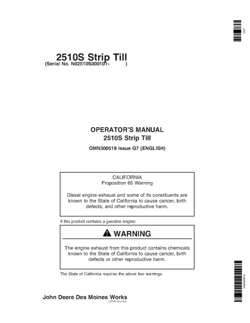 John Deere 2510S Strip Till Nutrient Applicators (SN: 000101 - 004000) (North America) Operators Manual (OMN300519)