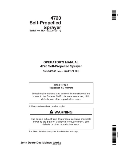 John Deere 4720 Self-Propelled Sprayers (SN: from 007001) (North America) Operators Manual (OMN300549)