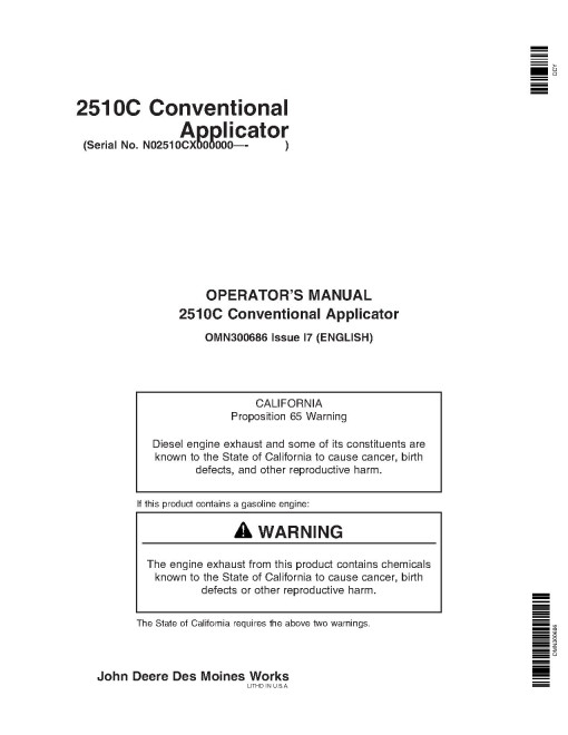 John Deere 2510C Nutrient Applicators (SN: 000101 - 004000) (North America) Operators Manual (OMN300686)