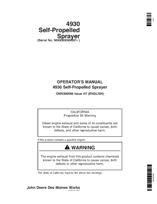 John Deere 4930 Self-Propelled Sprayers (SN: 004001 - 006000) (North America) Operators Manual (OMN300696)