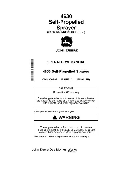 John Deere 4630 Self-Propelled Sprayers (SN: 000101-018000) (North America) Operators Manual (OMN300896)