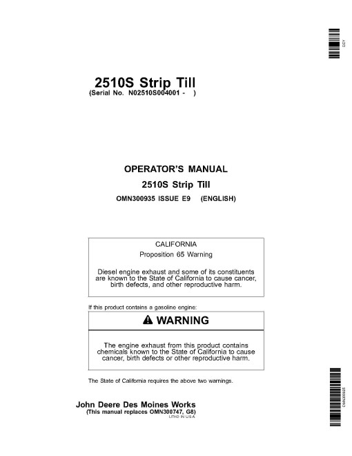 John Deere 2510S Strip Till Nutrient Applicators (SN: 004001 - 740100) (North America) Operators Manual (OMN300935)