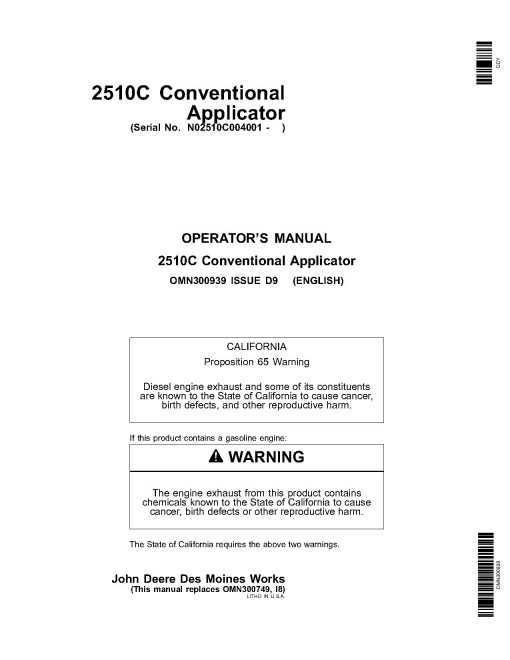 John Deere 2510C Nutrient Applicators (SN: 004001 - 740100) (North America) Operators Manual (OMN300939)