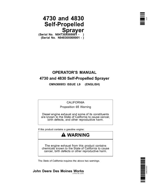 John Deere 4730 and 4830 Self-Propelled Sprayers SN: 008001-013000, Export Edition, Operators Manual (OMN300953)