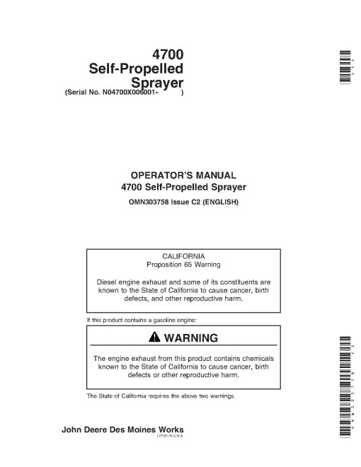 John Deere 4700 Self-Propelled Sprayers (PIN: from N04700X 006001) (North America) Operators Manual (OMN303758)