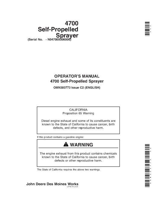John Deere 4700 Self-Propelled Sprayers (PIN: up to N04700X 006000) (North America) Operators Manual (OMN303773)