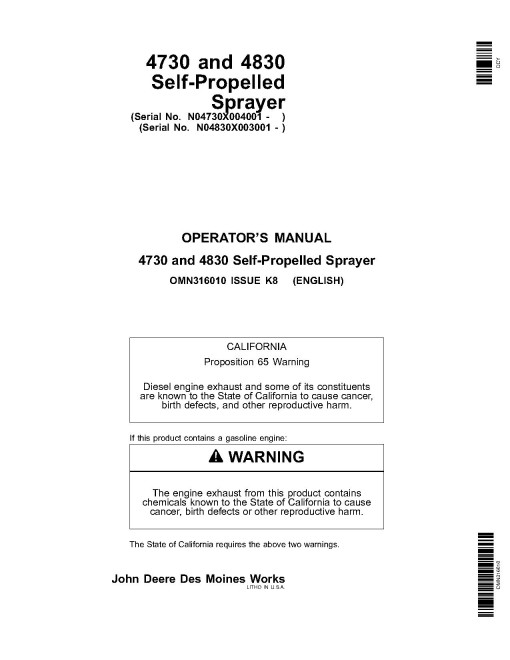 John Deere 4730 (SN:004001-008000), 4830 (SN:003001-008000) Self-Propelled Sprayers (N.America) Operators Manual (OMN316010)
