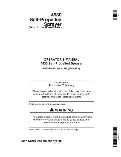 John Deere 4930 Self-Propelled Sprayers (SN: 006001 - 008000) (North America) Operators Manual (OMN316012)