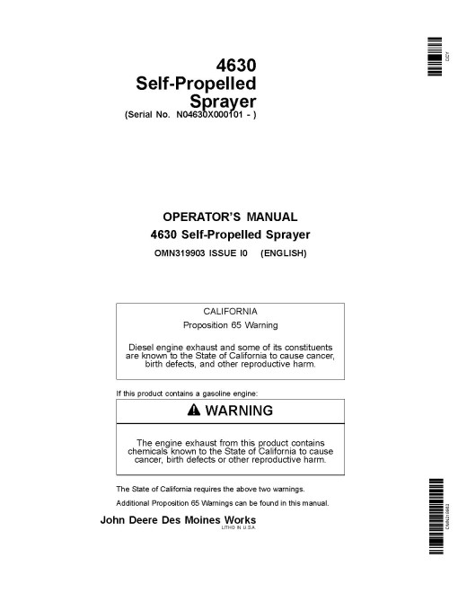 John Deere 4630 Self-Propelled Sprayers (SN: 000101-018000) (Export Edition) Operators Manual (OMN319903)
