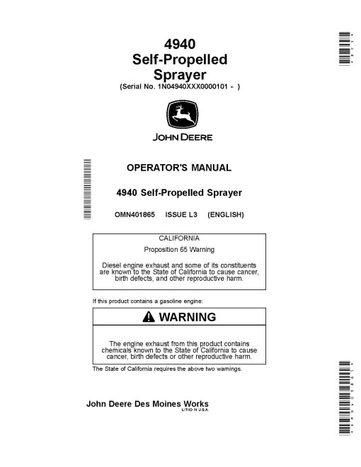 John Deere 4940 Self-Propelled Sprayer/Spreaders (SN: 000101 - 023000) (Export Edition) Operators Manual (OMN401865)