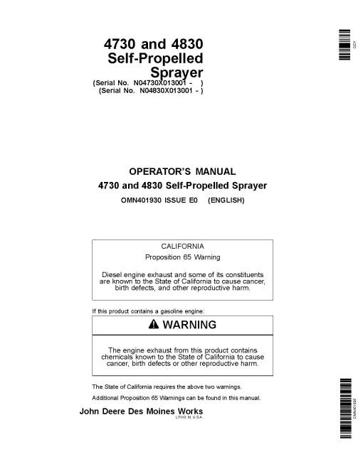 John Deere 4730 and 4830 Self-Propelled Sprayers SN:013001-018000, Export Edition, Operators Manual (OMN401930)