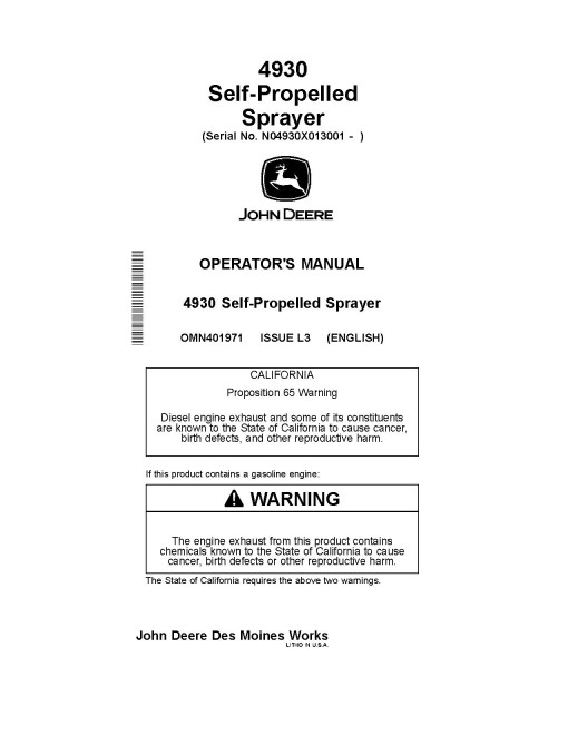 John Deere 4930 Self-Propelled Sprayers (SN: from 013001) (North America) Operators Manual (OMN401971)