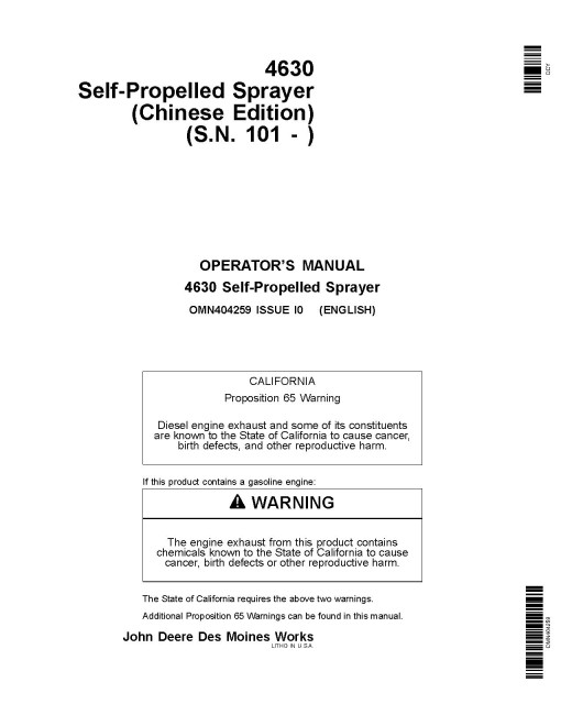 John Deere 4630 Self-Propelled Sprayers (SN: from 000101) (China) Operators Manual (OMN404259)