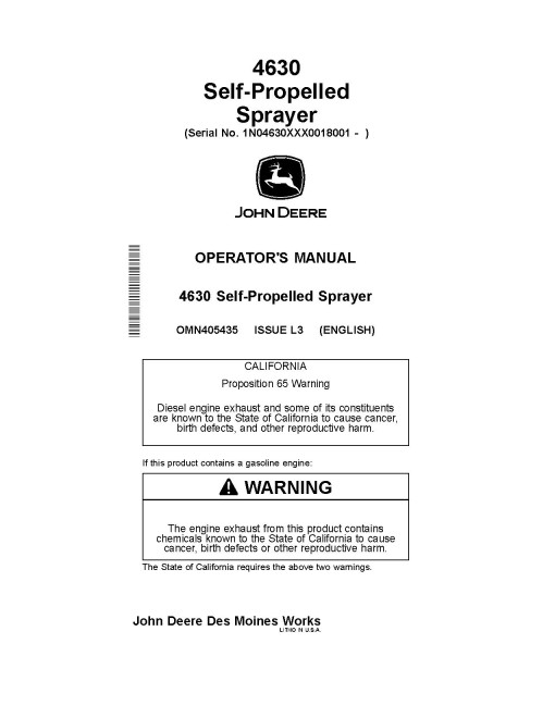 John Deere 4630 Self-Propelled Sprayers (SN: 018001 - 023000) (North America) Operators Manual (OMN405435)