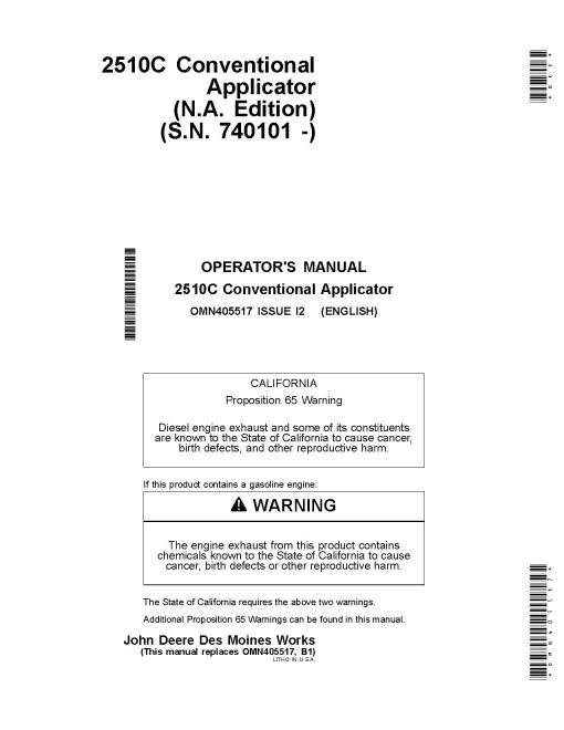 John Deere 2510C Nutrient Applicators (SN: from 740101) (North America) Operators Manual (OMN405517)