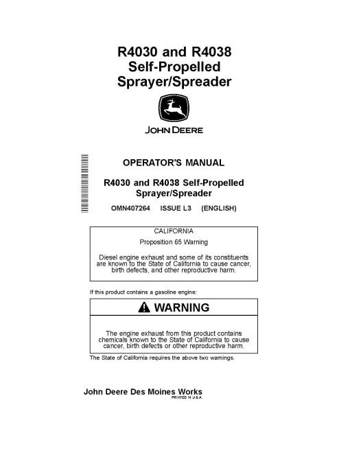 John Deere R4030 and R4038 Self-Propelled Sprayers (SN: 001001 - 006000) (Export Edition) Operators Manual (OMN407264)