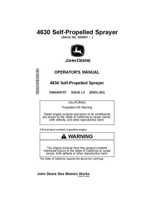 John Deere 4630 Self-Propelled Sprayers (SN: 023001 - 028000) (North America) Operators Manual (OMN409157)