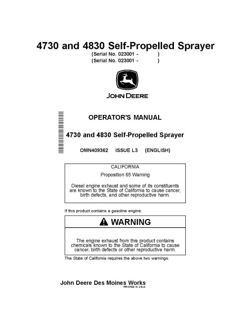 John Deere 4730 and 4830 Self-Propelled Sprayers (SN: from 023001) (Export Edition) Operators Manual (OMN409362)