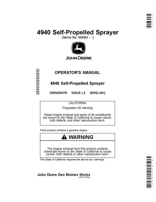 John Deere 4940 Self-Propelled Sprayer/Spreaders (SN: 023001-028000) (North America) Operators Manual (OMN409478)
