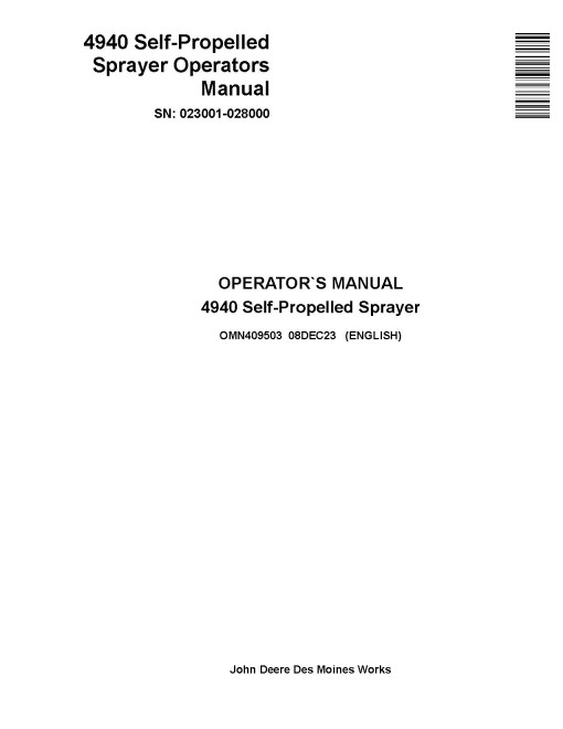 John Deere 4940 Self-Propelled Sprayer/Spreaders (SN: 023001 - 028000) (Europe) Operators Manual (OMN409503)