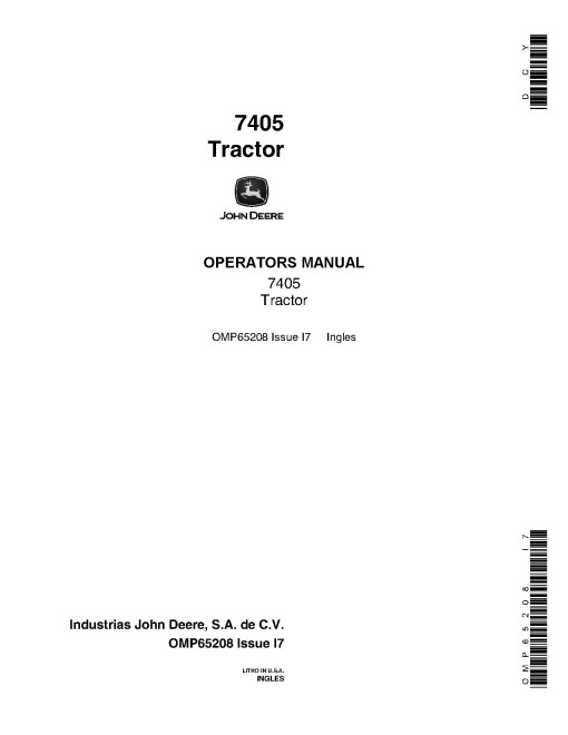 John Deere 7405 Tractors (North America) Operators Manual (OMP65208)