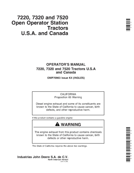 John Deere 7220, 7320 and 7520 Tractors (North America) Operators Manual (OMP70963)