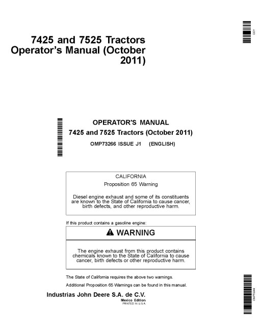 John Deere 7425 and 7525 Tractors (MY2009 - 2011) (Mexico) Operators Manual (OMP73266)