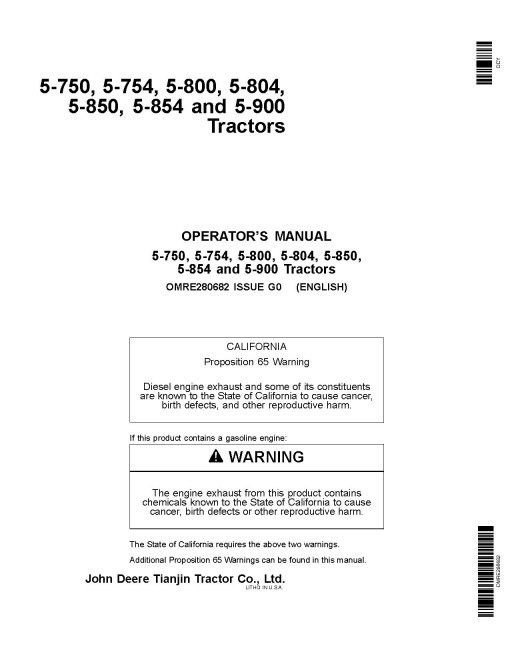 John Deere 5-750, 5-754, 5-800, 5-804, 5-850, 5-854 and 5-900 Chinese Tractors, Tianjin, Operators Manual (OMRE280682)