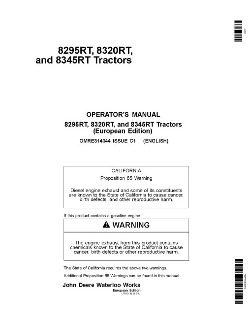 John Deere 8295RT, 8320RT and 8345RT Tracked Tractors (SN: 902501-912000, Europe) Operators Manual (OMRE314044)