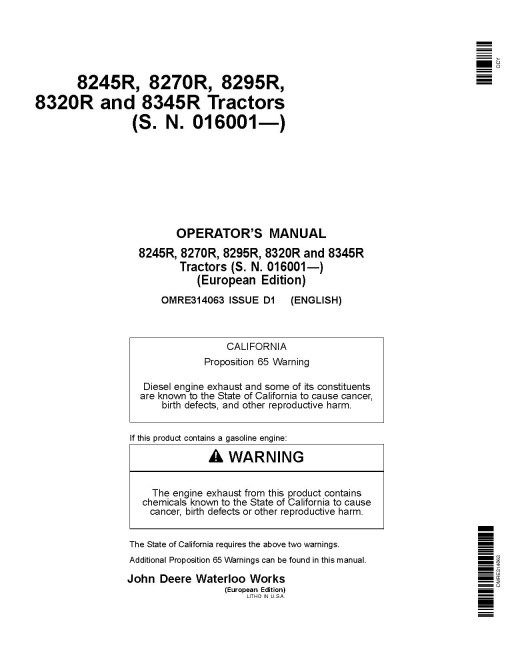 John Deere 8245R, 8270R, 8295R, 8320R and 8345R Tractors (SN: 016001-090000, Europe) Operators Manual (OMRE314063)