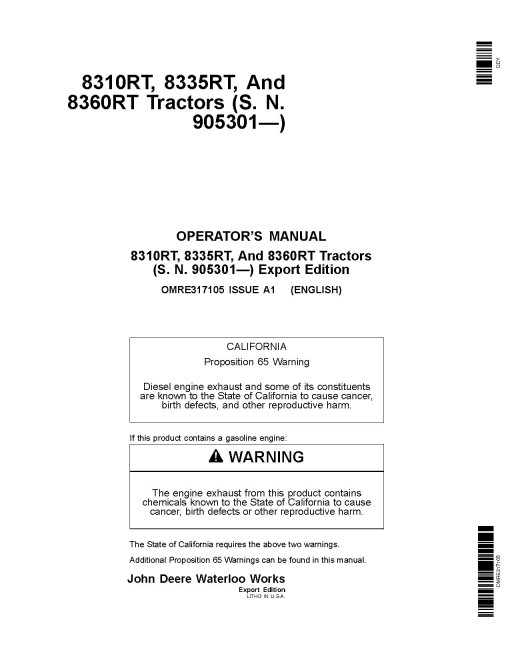 John Deere 8310RT, 8335RT and 8360RT Tracked Tractors (SN: 905301-907100, Export Edition) Operators Manual (OMRE317105)