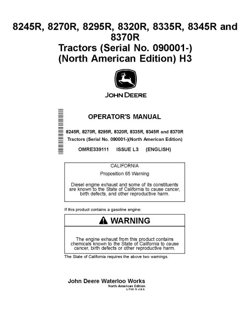John Deere 8245R, 8270R, 8295R, 8320R, 8335R, 8345R, 8370R Tractors (SN:090001-100000, N.America) Operators Manual (OMRE339111)