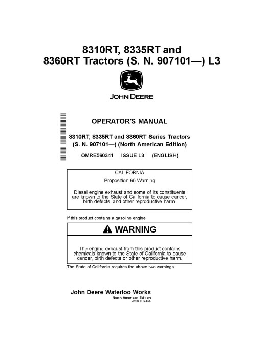 John Deere 8310RT, 8335RT and 8360RT Tracked Tractors (SN: from 907101, North America) Operators Manual (OMRE560341)