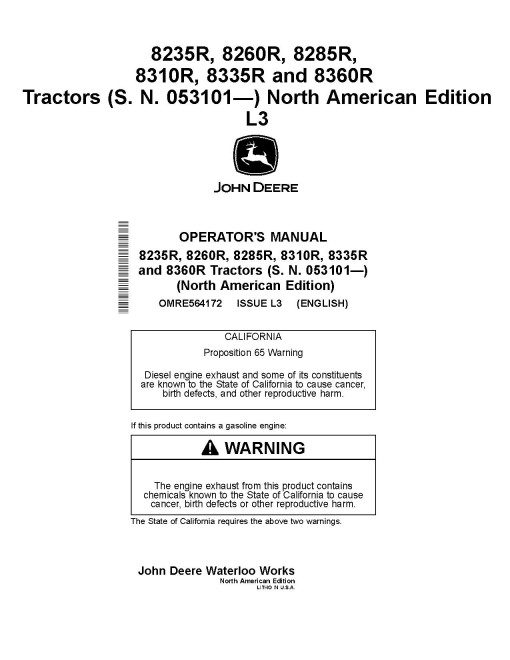 John Deere 8235R, 8260R, 8285R, 8310R, 8335R and 8360R Tractors (SN: 053101-090000, N.America) Operators Manual (OMRE564172)
