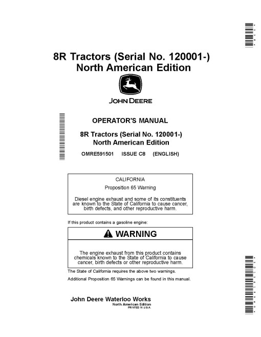 John Deere 8245R, 8270R, 8295R, 8320R, 8345R, 8370R, 8400R Tractors (SN:120001-140000, N.America) Operators Manual (OMRE591501)