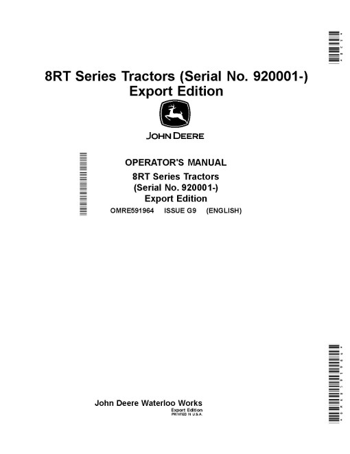 John Deere 8320RT, 8345RT and 8370RT Tracked Tractors (SN: from 920001, Export Edition) Operators Manual (OMRE591964)