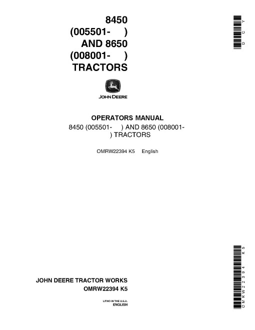 John Deere 8450 (SN: from 005501) and 8650 (SN: from 008001) 4WD Articulated Tractors (North America) Operators Manual (OMRW22394)