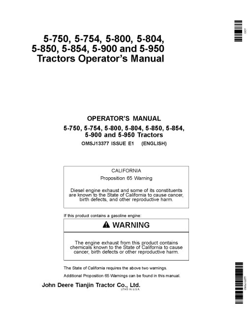 John Deere 5-750, 5-754, 5-800, 5-804, 5-850, 5-854, 5-900 and 5-950 Chinese Tractors, Tianjin, Operators Manual (OMSJ13377)