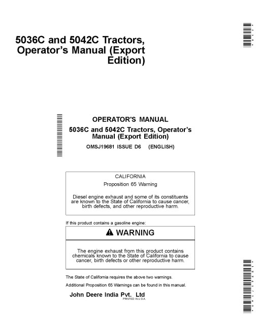 John Deere 5036C and 5042C Tractors (Export Edition) Operators Manual (OMSJ19681)
