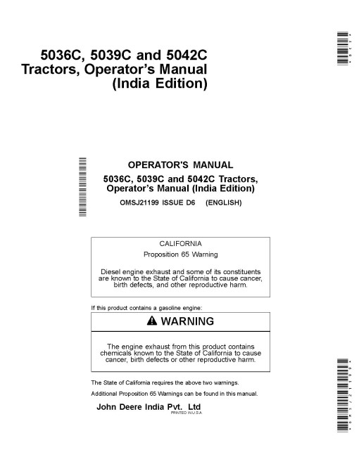 John Deere 5036C, 5039C and 5042C Tractors (Indian) Operators Manual (OMSJ21199)