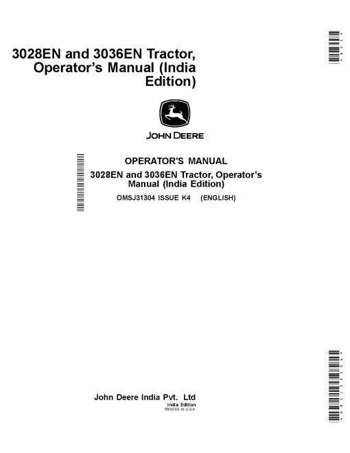 John Deere 3028EN and 3036EN Compact Utility Tractors (Indian) Operators Manual (OMSJ31304)