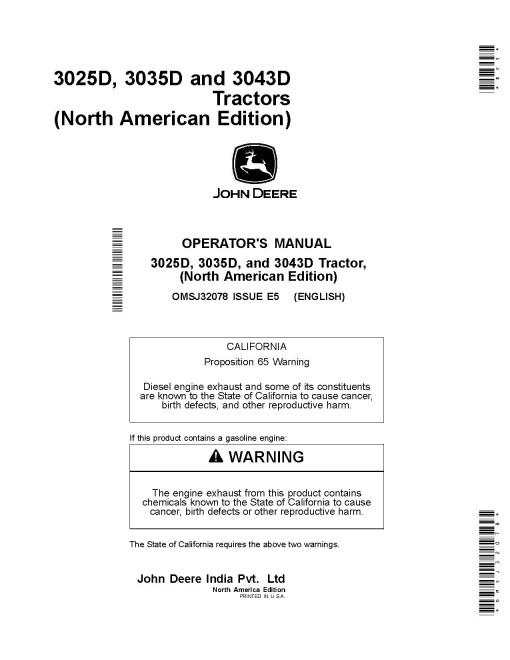 John Deere 3025D, 3035D and 3043D Compact Utility Tractors (North America) Operators Manual (OMSJ32078)