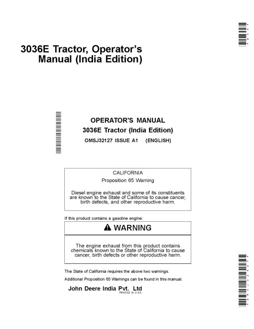 John Deere 3036E Compact Utility Tractors (Indian) Operators Manual (OMSJ32127)