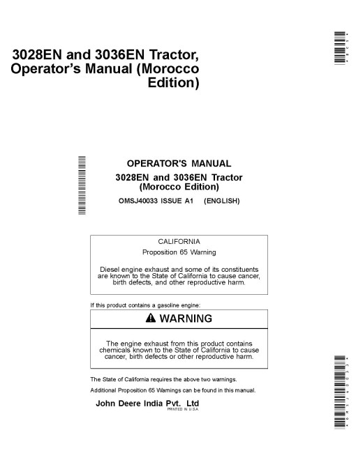 John Deere 3028EN and 3036EN Compact Utility Tractors (Morocco) Operators Manual (OMSJ40033)