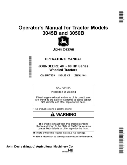 John Deere 3045B and 3050B Compact Utility Tractors Operators Manual (OMSU47929)